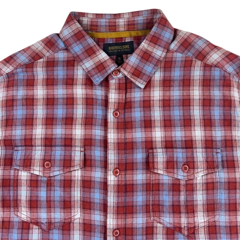 Brothers Sons Flannel Shirt Men's XL Short‎ Sleeve Red Plaid Button Up Soft